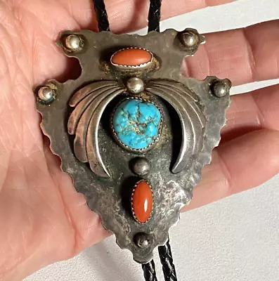 Vintage Navajo “Tom Billy” Sterling Turquoise & Coral Arrowhead Bolo Tie+++ • $85.44