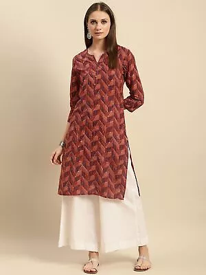 Indian Women Brown Geometric Print Cotton Knee Length Kurta Kurti NewTop Tunic • $30.79