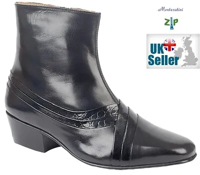 Mens Black All Leather Cuban Heel Zip Ankle Boots Montecatini Reptile  • £44.85