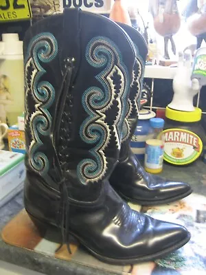 Made In Mexico Israel Black Leather Blue Embroidered Mid Calf Cowboy Boots Uk 10 • £39.99