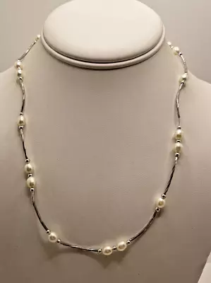 Faux Pearl Textured Silver Tone Skinny Necklace 19  Fashion Jewelry Unmarked • $6.99