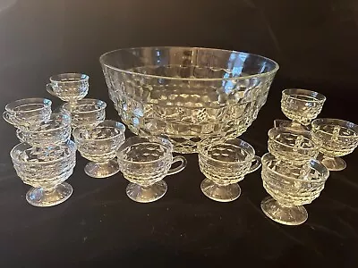 Whitehall Cubist Punch Bowl And 12 Footed Glasses Indiana Glass Vintage • $44