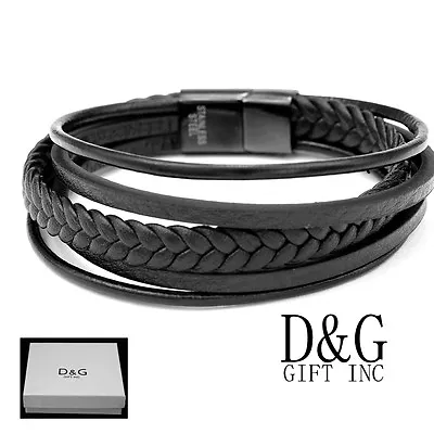 DG Men's 8.5  Stainless Steel Black.Braided Leather.Magnetic.BraceletBOX • $19.95