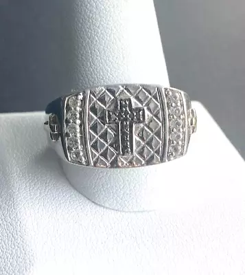 Mens 925 Sterling Silver Black Diamonds And Colorless Beryl Cross Ring Size 13.2 • $50