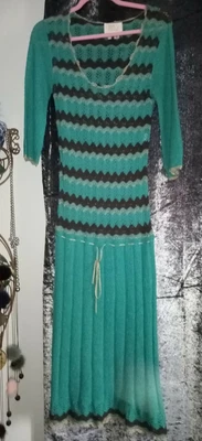 £7.99 • Buy Sara Berman Teal & Brown, Gold  Dress Size S  With Gold Metallic Waist Tie & Hem