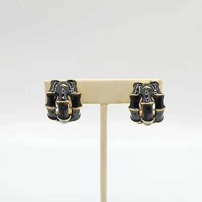 Vtg Earrings Clip-on 1/2 Hoop Bamboo Black Enamel Jewelry Gold Plated High End • $39.99