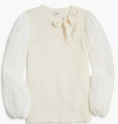 J.Crew Women's M Mixed Media Sweater Top Balloon Sleeve With Bow Ivory Off White • $53.99