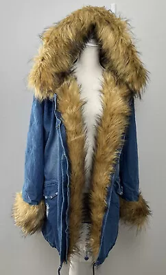 Aofur XXL Women's Winter Mid-Length Denim Hooded Parka Coat Faux Fur Trim NWT • $75