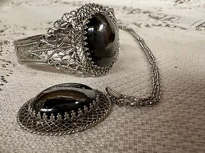 Vintage Whiting & Davis Cabochon Charcoal Silver Glass Bracelet & Necklace • $19.99