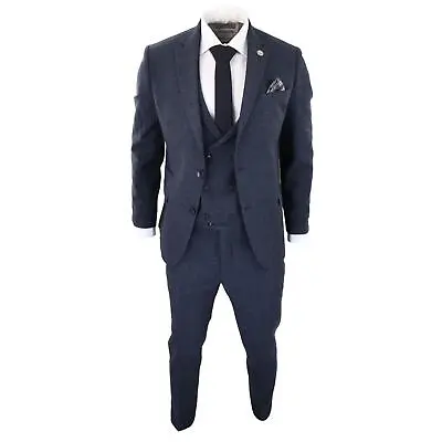 Mens 3 Piece Tweed Suit Blue Herringbone Double Waistcoat Classic Vintage Shelby • $161.62