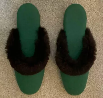 Vintage Green Wool Felt  W/ Fur Trim House  Slippers  25cm Size 9 US  Narrow • $25