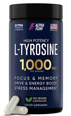 L-Tyrosine 1000MG Capsules - Focus & Energy Boost - 150 Caps - ALPHA FLOW 07/26 • $19.99