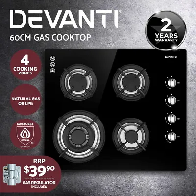 Devanti Gas Cooktop 60cm 4 Burner Glass Cook Top Cooker Stove Hob NG LPG Black • $239.95