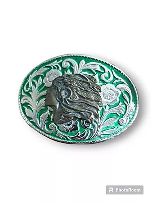 Vintage Rare Native American Green And Silver 4  X 2.5  Oval Men's Belt Buckle • $36