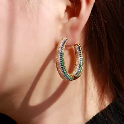 Gold Plated Colorful Round Zircon Micro Paved Circle Big Hoop Earrings For Women • $13.49