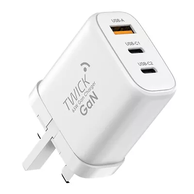 PPS USB-C 65W GaN Charger Plug 2x PD USB-C 1x USB QC 3 Mini Size Folding Pin • £22.99