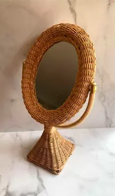 Vintage Wicker Rattan & Wood Oval Mirror Table Top Swivel Vanity • $45