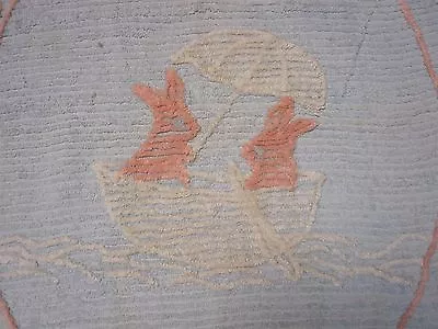 VINTAGE BLUE CHENILLE BABY CRIB BEDSPREAD W 2 BUNNIES IN A BOAT! 46x67 SO CUTE! • $20