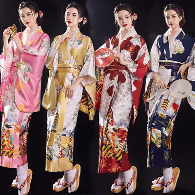 Kimono Satin Japanese Women Floral Yukata Bride Nightgown Pajama Costumes • £24.99