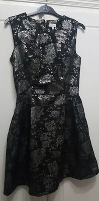 Ladies Dress Black Jacquard Blue Vanilla Size 8 Party Frock Pockets Zip • £6.99
