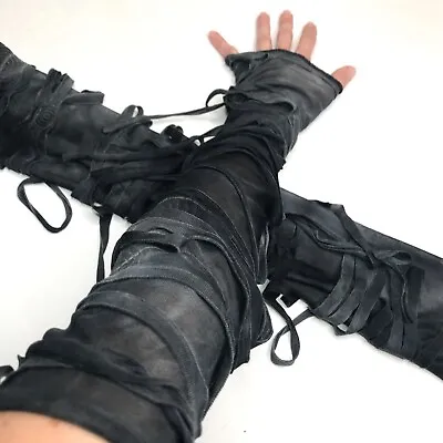 Mummy Bandage Gloves Black Lace Up Arm Warmers Halloween Costume Gray Zombie Psy • $45