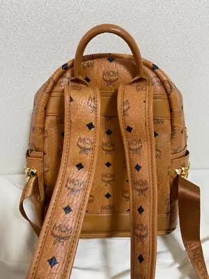 MCM Backpack Small Cognac Brown Visetos Monogram Canvas Gold Side Studs Auth • $323.26