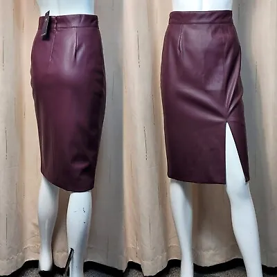 M&S Faux LEATHER Side Split PENCIL SKIRT ~ Size 8 ~ BERRY (rrp £35) • £16.99