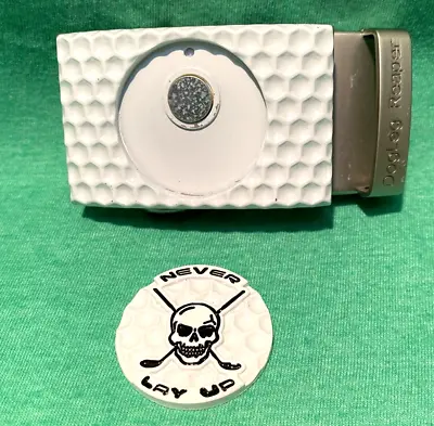 NWOT Golf Belt Buckle Ball Marker Removable Never Lay Up White Ratchet Black     • $15