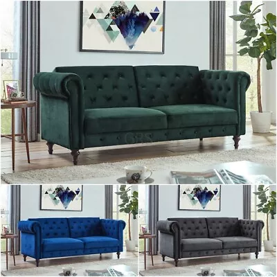 Sofa Bed Velvet Chesterfield 3 Seater Style Green Blue Grey Sofabed Button Back • £429.99