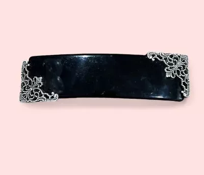 Vintage Black Barrette Hair Clip With Silver Tone Filigree Made In France • $14