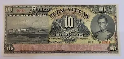 10 Pesos 1902-1914(ND) Mexico Zacatecas Remainder  Unc • $129.95