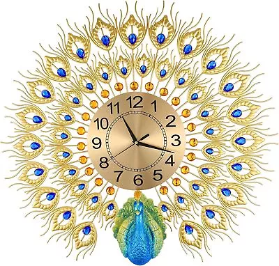 Large Peacock Wall Clock 23.7 Inch Metal Design Non-Ticking Silent Art Digital • $225