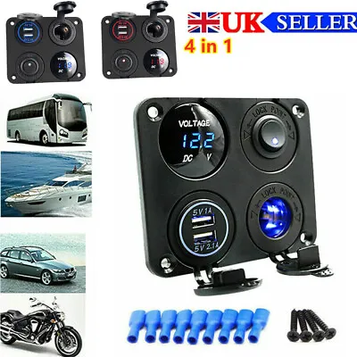 Dual USB Car Boat Marine Charger LED Voltmeter 12V Power Socket Switch 4in1Panel • £11.89