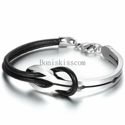 Men's Women's Leather Love Infinity Symbol Stainless Buckle Bracelet Cuff Bangle • $8.99