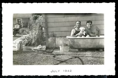 Vintage Photo Unique GAY INTEREST HANDSOME MEN IN BATHTUB W/ PUPPY DOG 1942 OOAK • $24.96