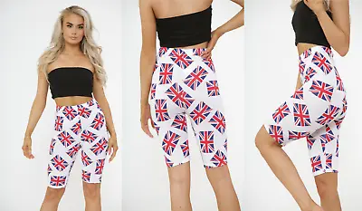 £9.99 • Buy Ladies Cycling Style Union Jack Flag UK Printed Above Knee Shorts Leggings 8-22