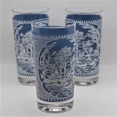 Set Of 3 Currier & Ives  Glass Tumblers Old Grist Mill White W/ Blue Background • $14.70