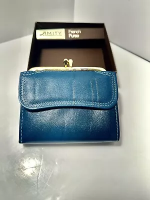 New Old Stock Vintage Amity Blue Leather French Coin Purse • $12.99