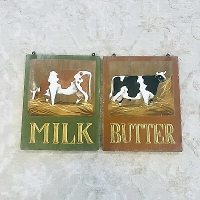 Primitive Wood Milk Butter Signs Farm Produce Stand Vintage Wooden Set Of 2 • $45