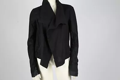 VEDA Black Linen Contrasted Leather Sleeve Waterfall Open Front Jacket Size M • $75