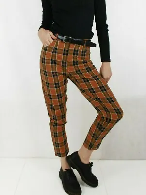 Womens Lined High Waisted Tartan Checked Trousers - Chestnut Brown - All Sizes • £32.95