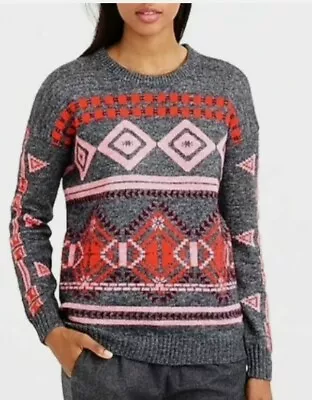 J Crew Abstract Fair Isle Sweater Size XS Gray Pink Red Wool Mohair Geometric (C • $20