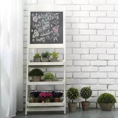 White Wood Sidewalk A Frame Chalkboard Sign Stand With 3 Display Shelves • $99.99