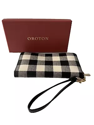 Oroton Black & White Gingham Checkered Print Zip Around Wallet Purse Wristlet • $40