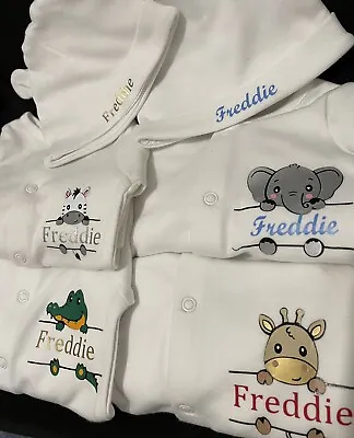 Personalised Baby Grow Newborn - 12 Mth  Sleep Suit And Hat Set 4 Animal Designs • £12