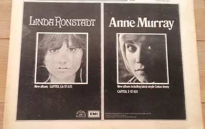 LINDA RONSTADT ANNE MURRAY Albums 1972 Magazine ADVERT / Poster 12x8 Inches • £11.95