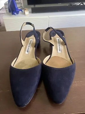 Manolo Blahnik Navy Suede Aspro Slingback With Block Heel. Size 6.5 US 37 EU • $157.50