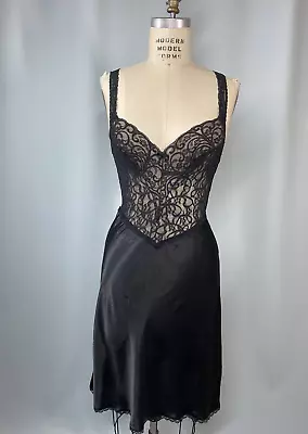 Vintage Nightgown Slip SIZE 34 MEDIUM Black Stretch Lace MAIDENFORM Sexy Sheer • $32