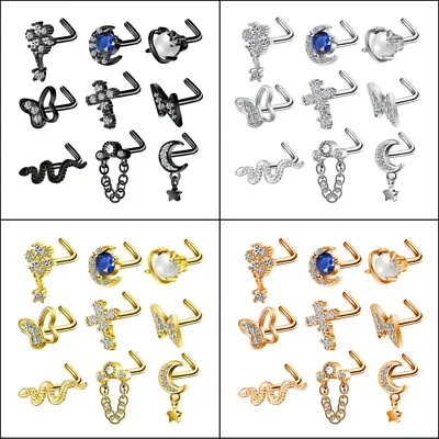 $13.99 • Buy 9 Pcs CZ Opal Nose Rings Studs L Shape Stainless Steel Body Piercing Jewelry 20G