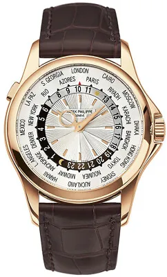 Patek Philippe World Time 18kt Rose Gold 'Double P' Silver Guilloche 5130R-018 • $49995